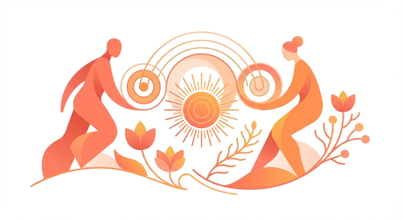 two stylized figures connecting through an arc of new relationship patterns, with sun and flowers.