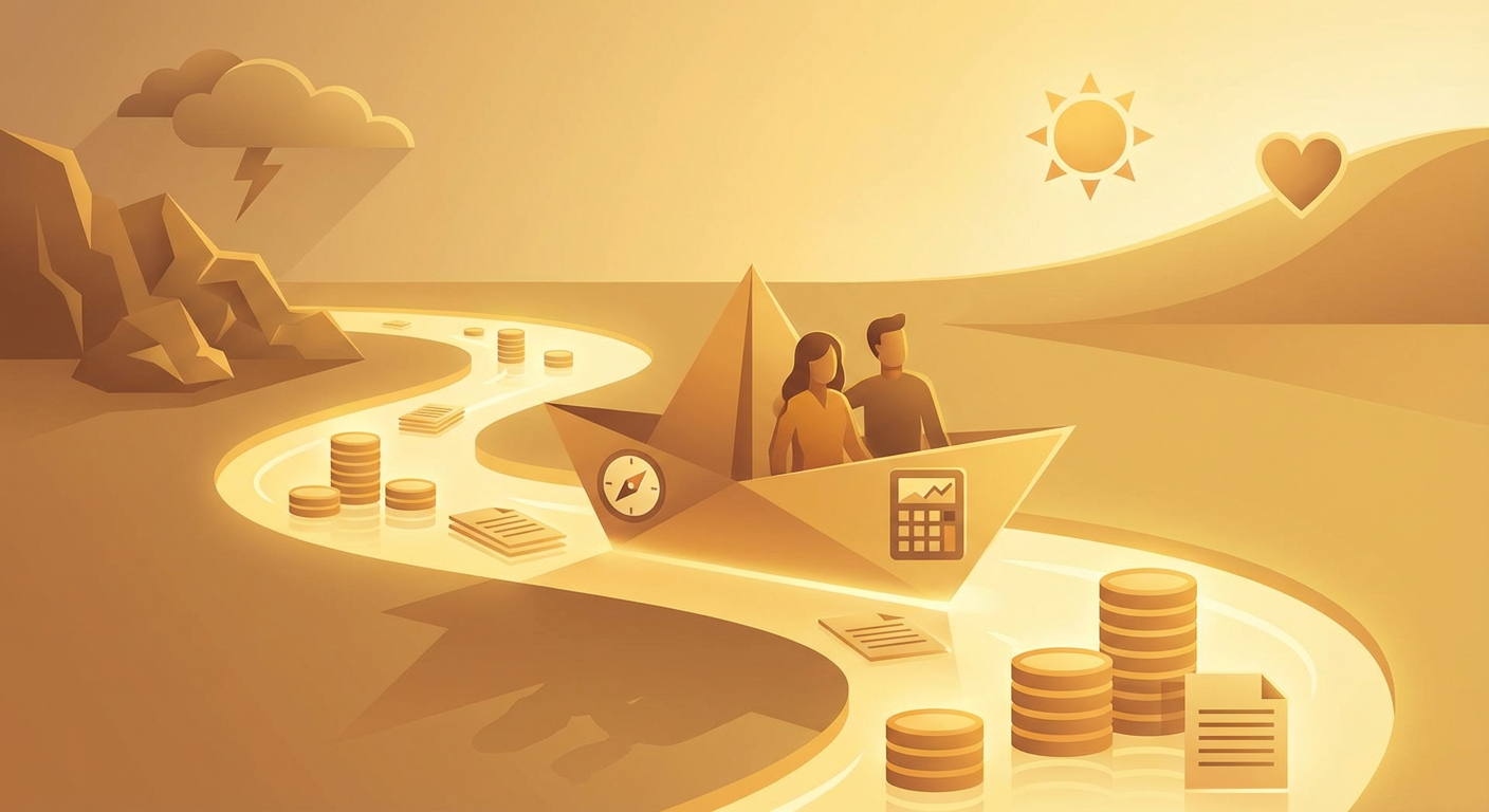 paper boat with couple navigating a financial river, sun and heart on horizon to navigate financial stress.