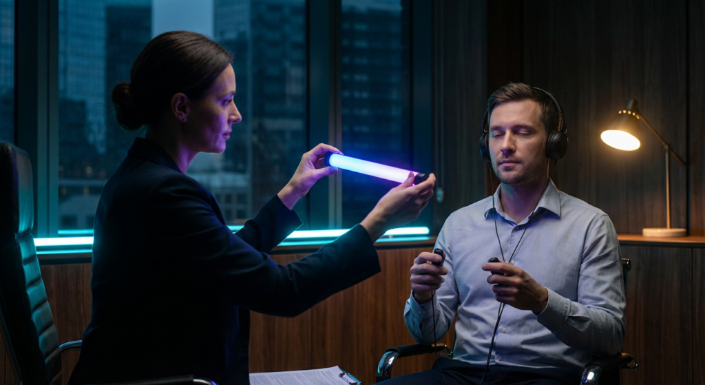therapist guides a male patient through emdr therapy using a light wand and headphones.