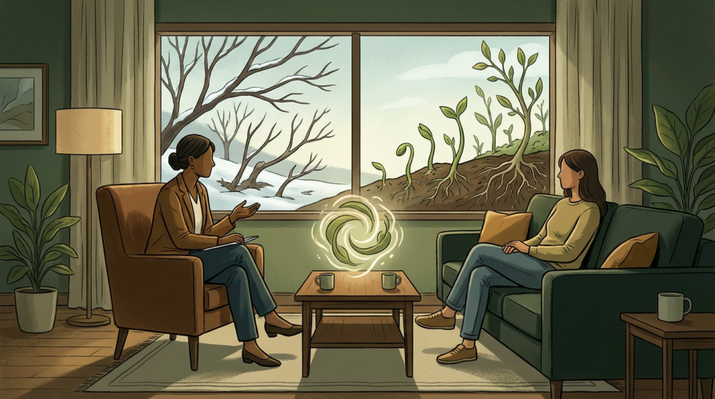 two women in a therapy session, with windows showing winter and spring growth for individual therapy.