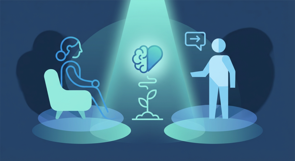 illustration of an individual therapy session showing a seated person listening to another person, with a brain-heart and growing plant icon between them.