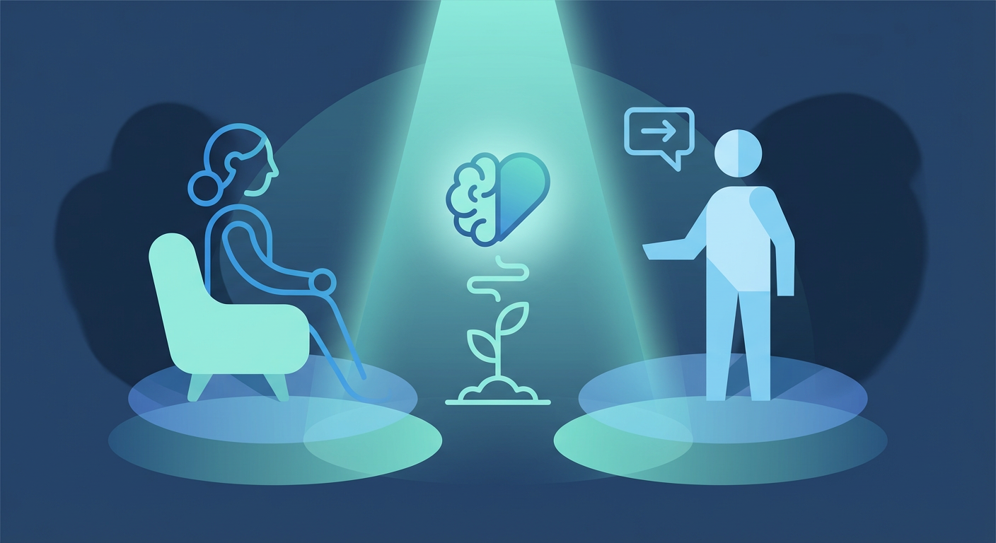 illustration of an individual therapy session showing a seated person listening to another person, with a brain-heart and growing plant icon between them.
