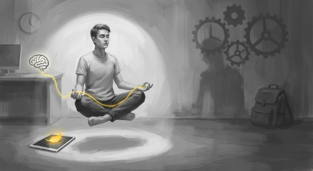 man meditating in a lotus pose, connected to a glowing brain, illustrating mindfulness-based therapy.