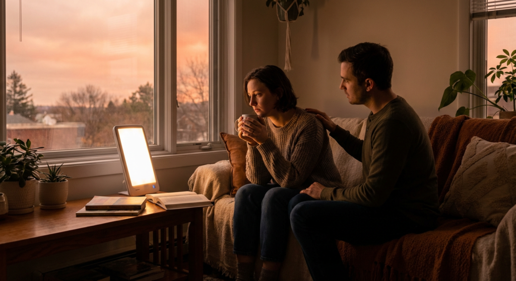 man comforting woman with a light therapy lamp for seasonal depression prevention
