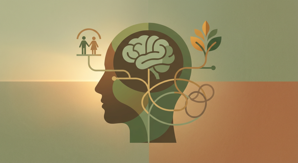 abstract head silhouette with brain, family, nature, and interconnections representing adult depression treatment.