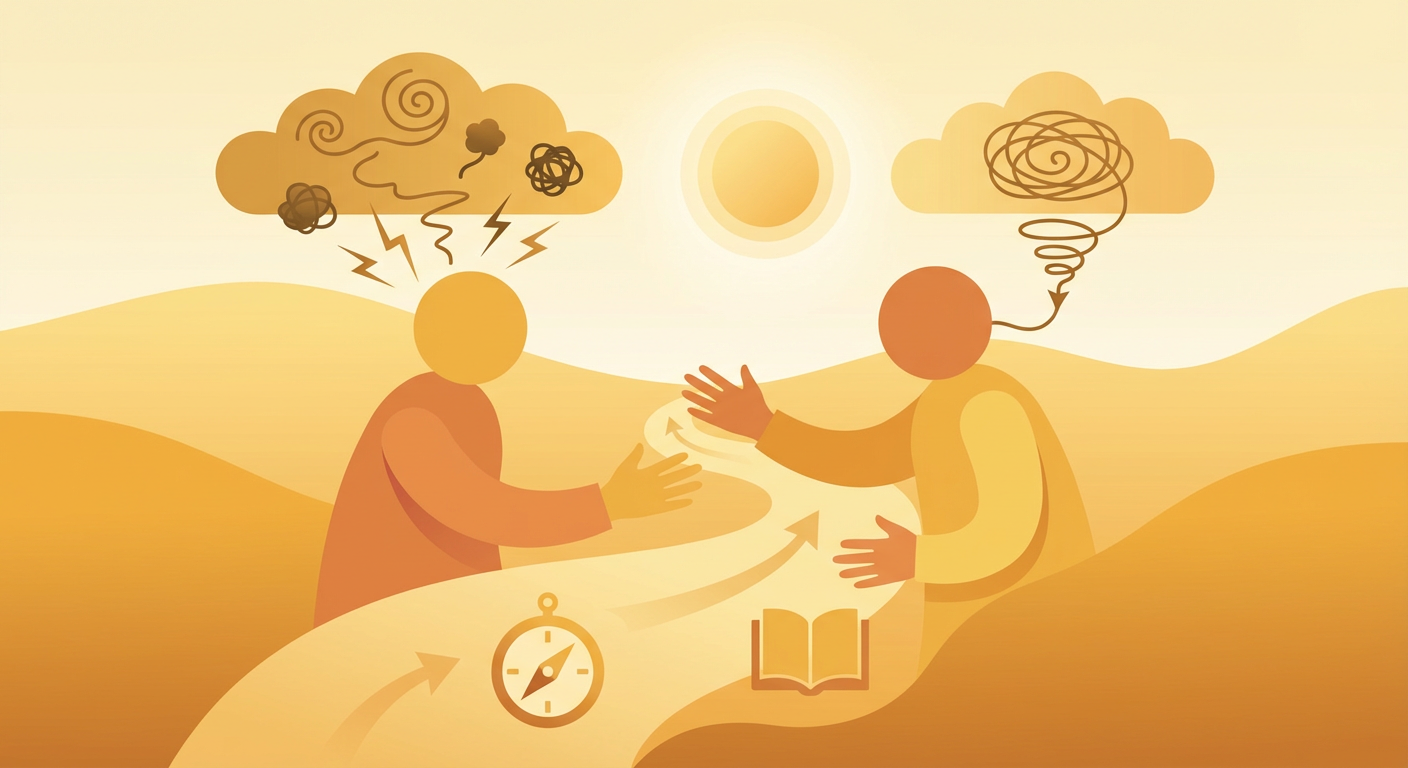 two figures with thoughts of depression and anxiety, and a path with a compass and book leading to clarity.