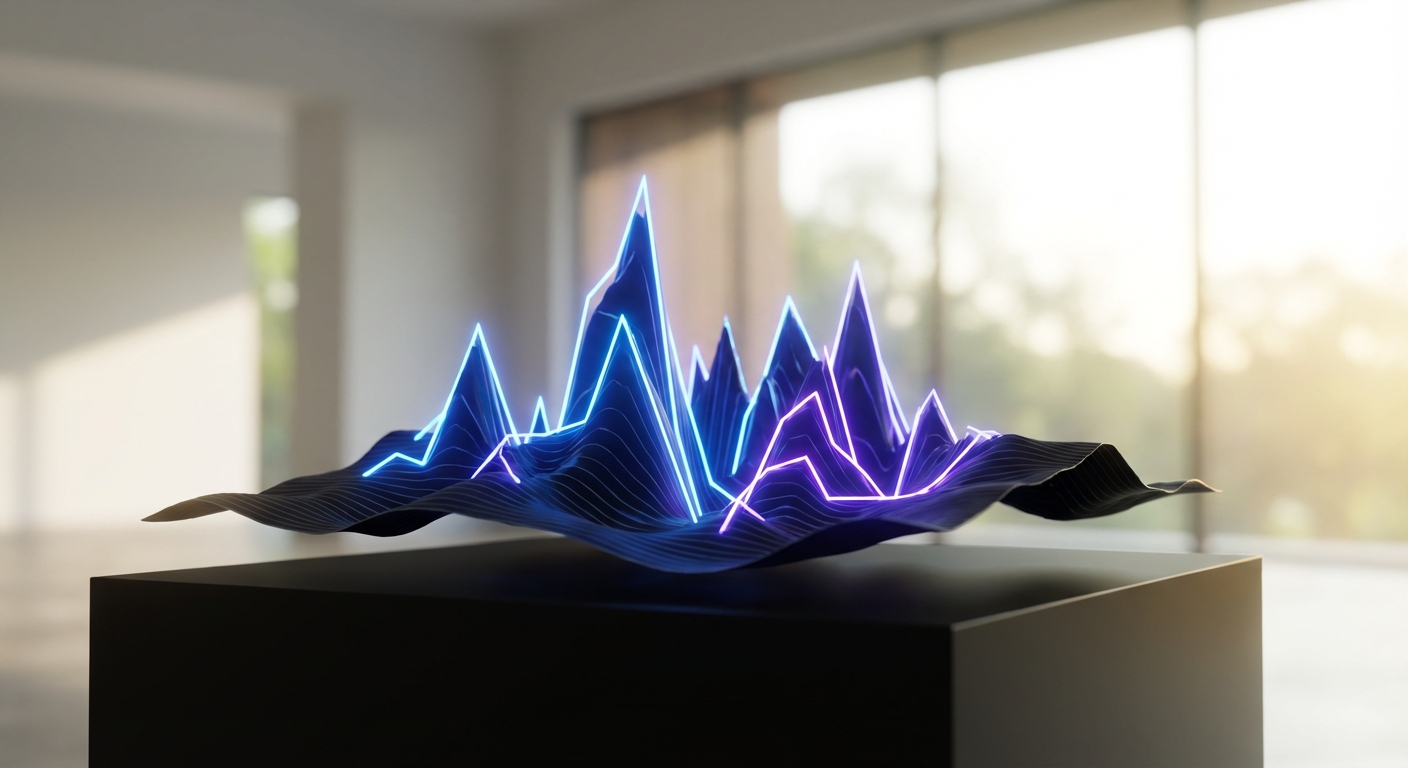 glowing neon blue and purple lines form abstract anxiety peaks over a dark, rippling surface.