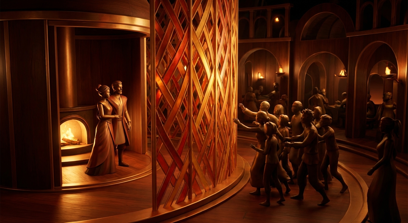 couple behind a golden lattice, setting boundaries from many reaching figures.