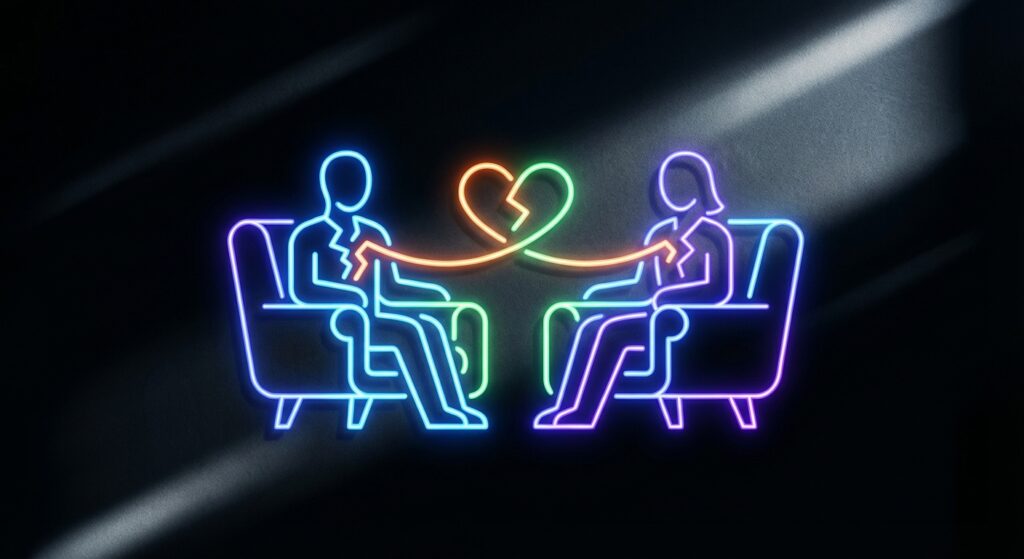 neon outlines of a man and woman with broken hearts, connected, for grief counseling.