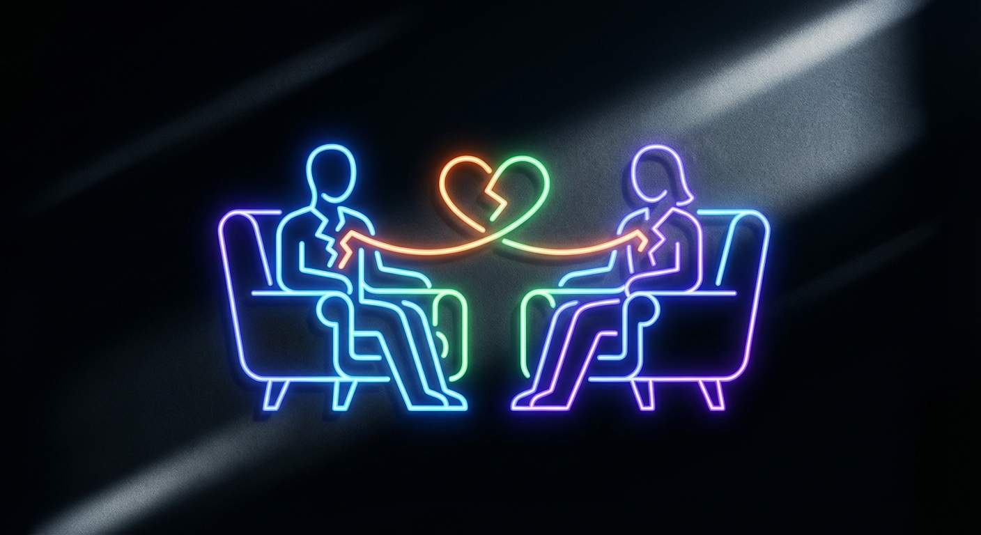 neon outlines of a man and woman with broken hearts, connected, for grief counseling.