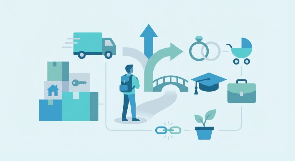 a person at a crossroads with icons representing major life changes: moving, marriage, education, career, family.