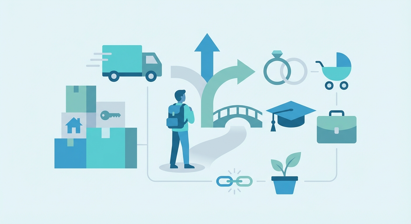 a person at a crossroads with icons representing major life changes: moving, marriage, education, career, family.