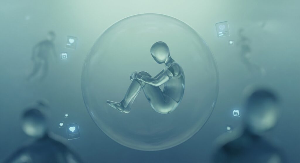 human curled inside a bubble, surrounded by social media icons and blurred figures, depicting social anxiety.