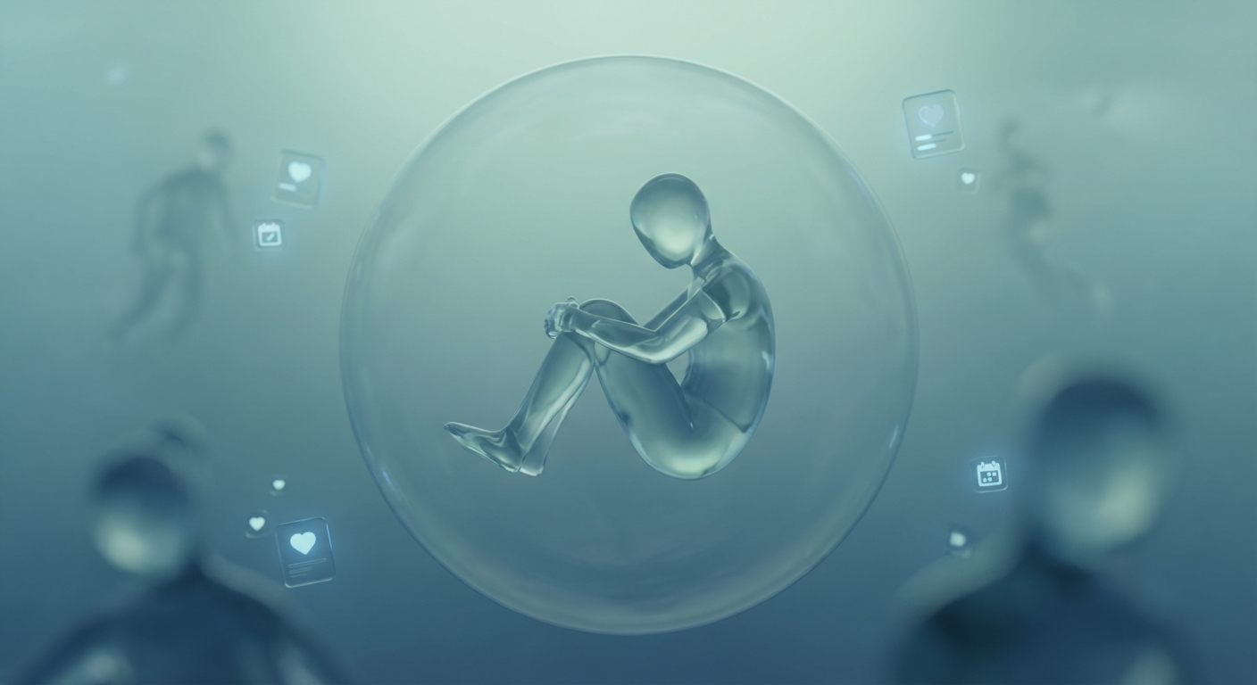 human curled inside a bubble, surrounded by social media icons and blurred figures, depicting social anxiety.