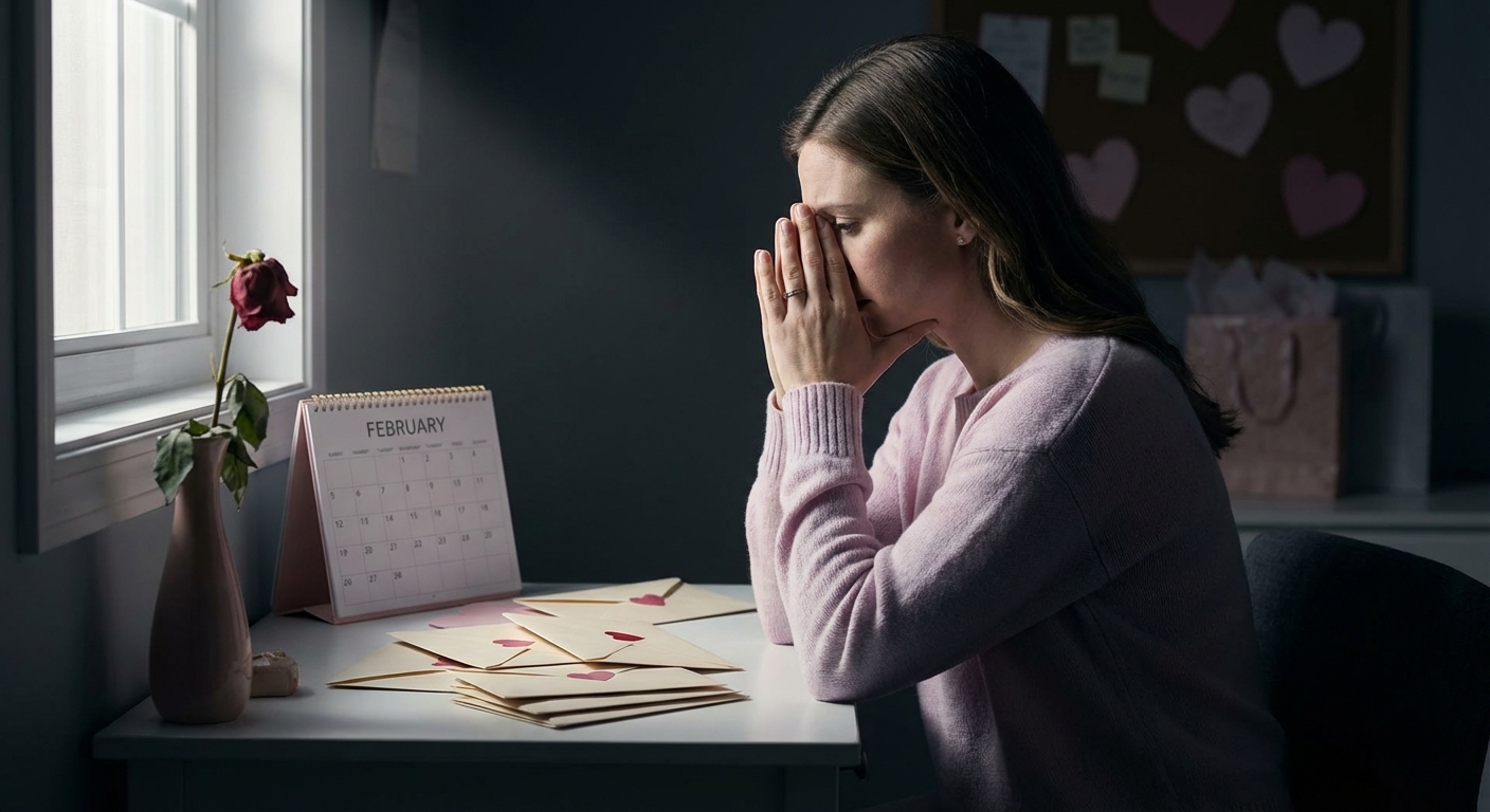 a stressed woman at a desk with february's calendar, withered rose, and sealed envelopes, feeling february's relationship pressure.