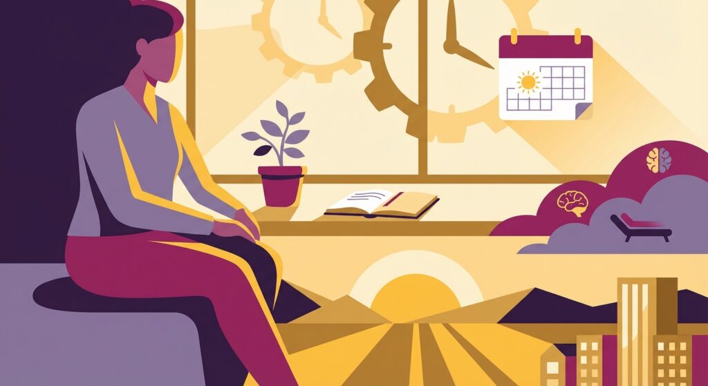 person looking out a window at a sunrise and cityscape, struggling with february's shorter days.