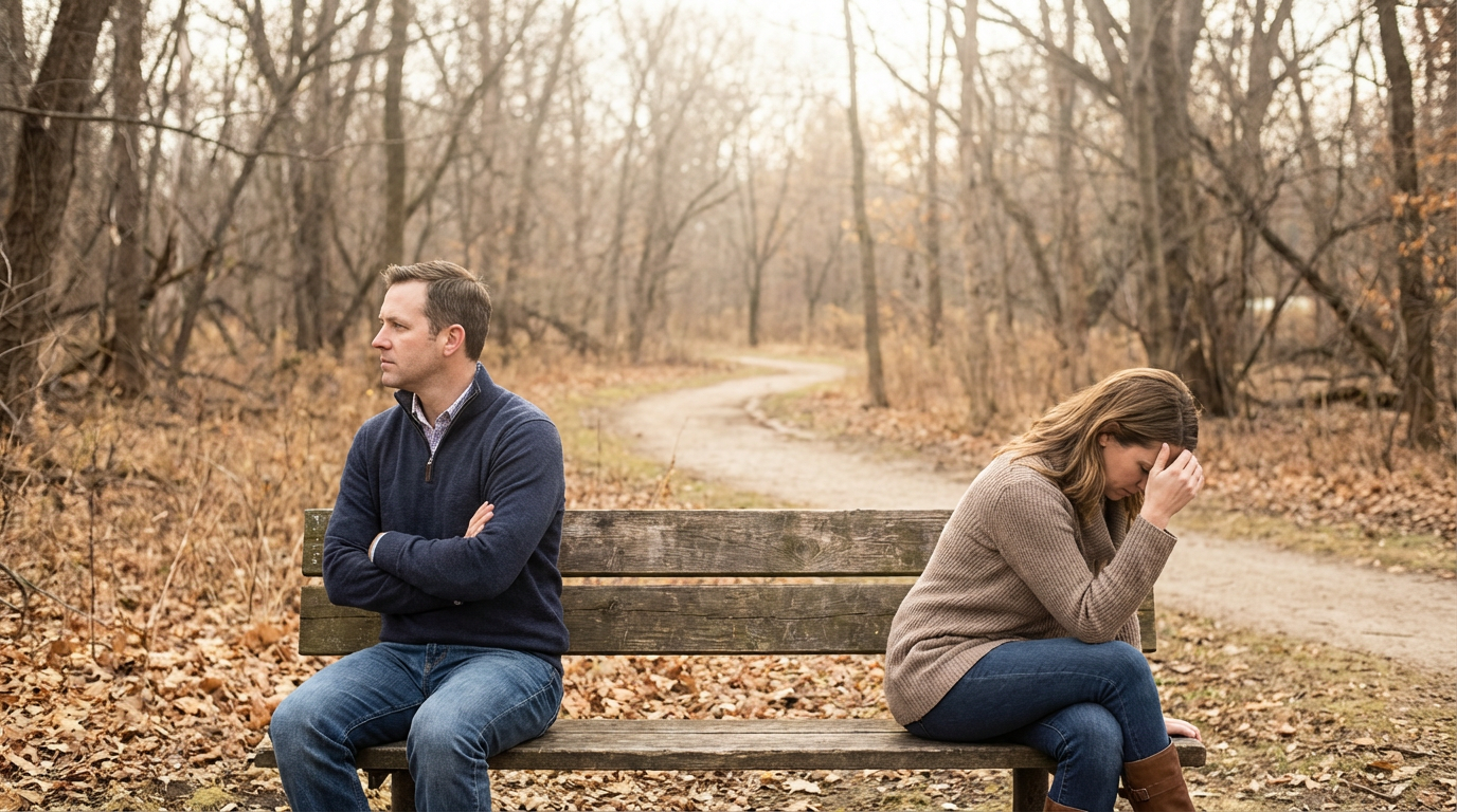 upset couple on a park bench, backs turned from each other, indicating relationship tensions.