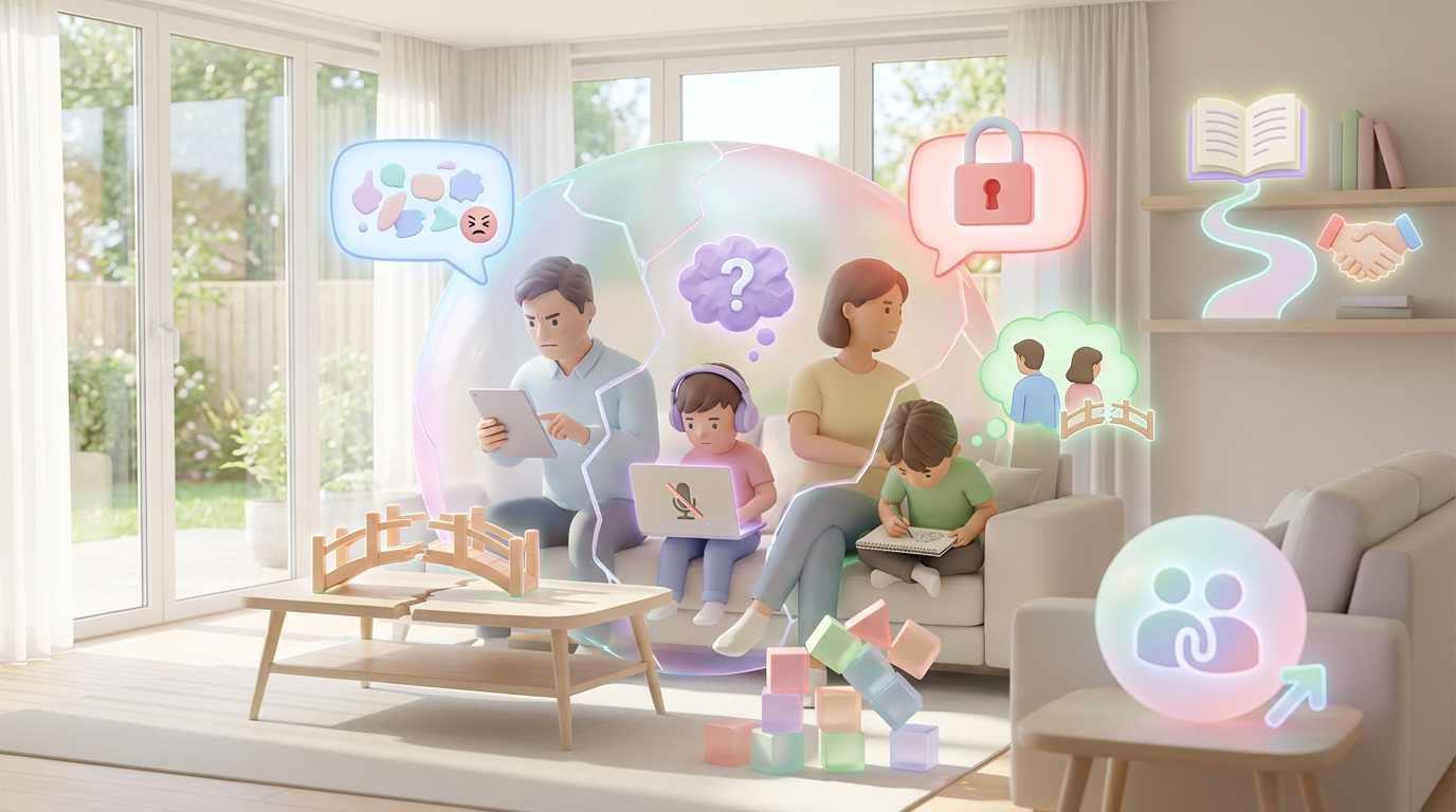 stylized family on a couch with frustrating communication bubbles, symbolizing how families struggle with communication.