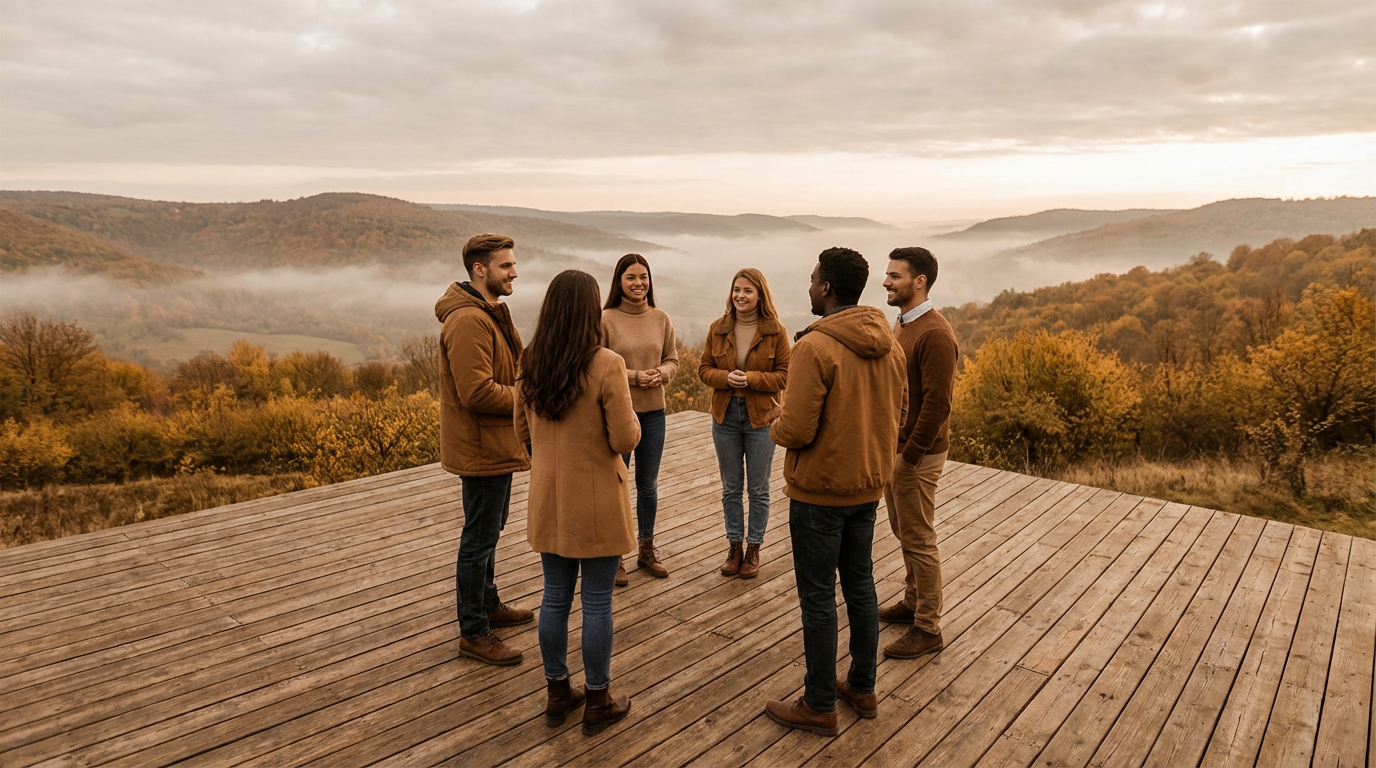 group of six dbt skills young adults talking on a wooden deck overlooking a misty autumn valley.