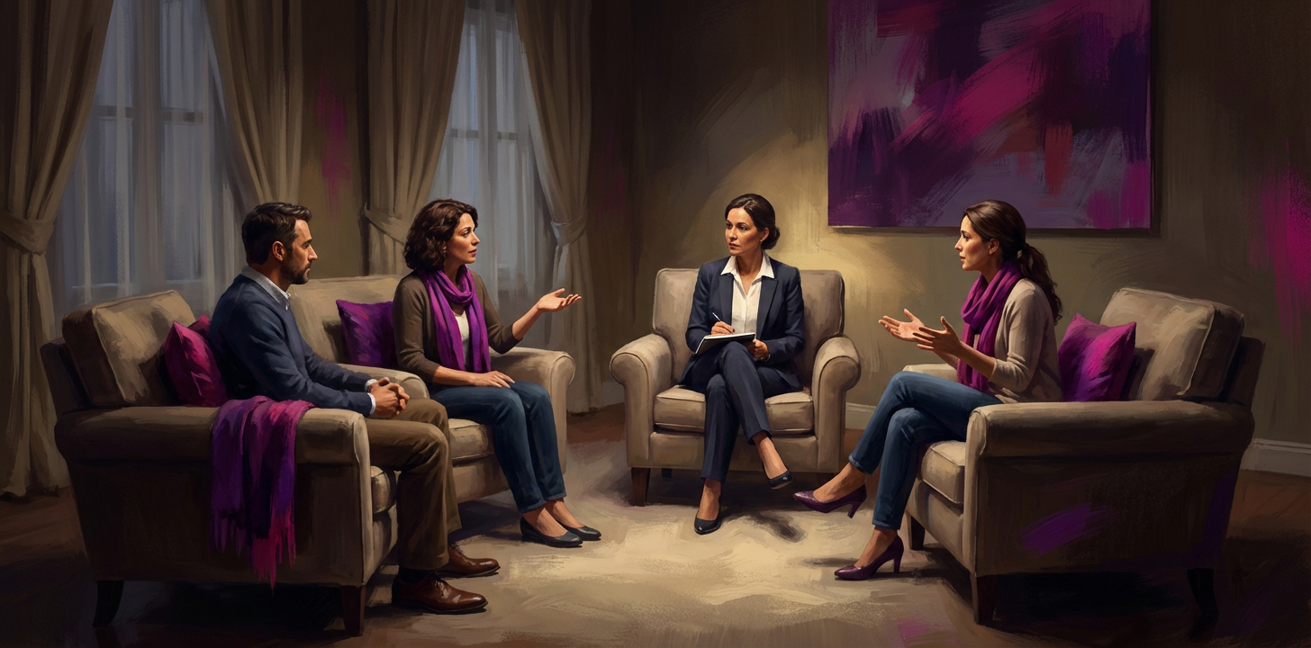 therapist facilitating family therapy for adult children in comfortable armchairs.