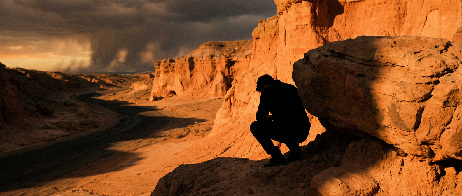 silhouette of a person crouching in a desert landscape against a dramatic sky, perhaps reflecting act therapy avoidance
