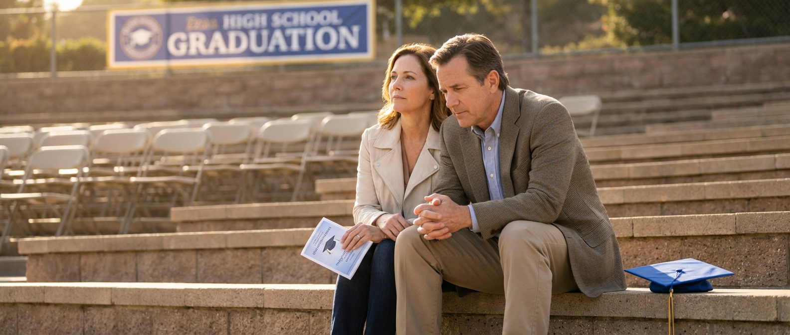 thoughtful graduation anxiety parents sitting on bleachers, a blue graduation cap next to them.