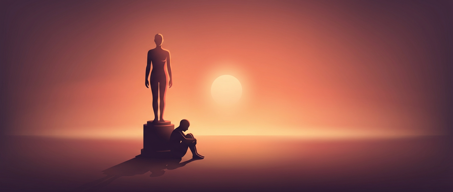 silhouette of a perfect figure on a pedestal and a person sitting on the ground, representing ifs therapy perfectionism.