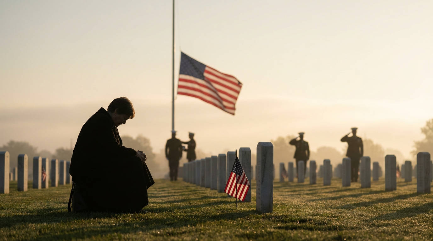 kneeling person grieving in a military graveyard with flags at sunrise, for memorial day grief counseling