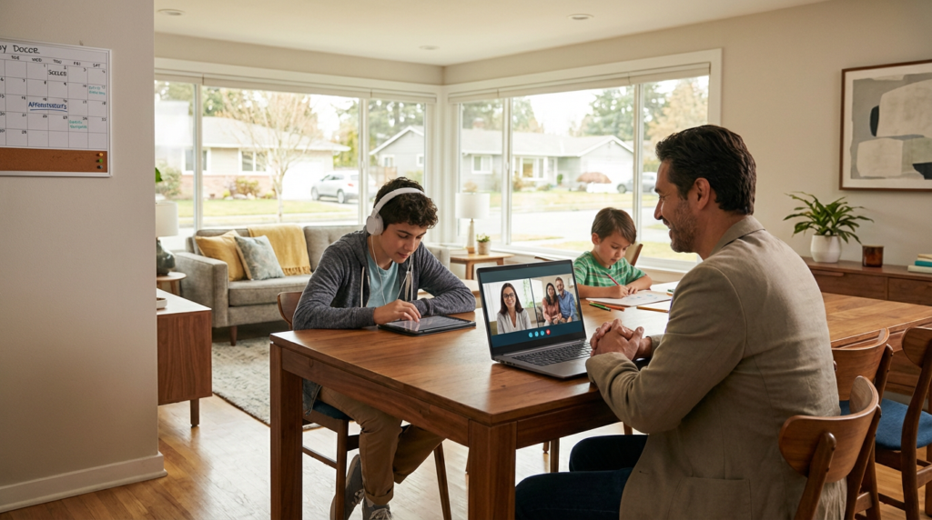 father on video call for teletherapy for families, while kids play nearby.