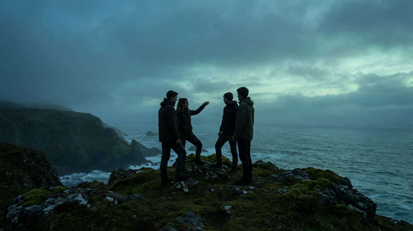 four young adults conversing on a mossy cliff overlooking a dark ocean, useful for narrative therapy young adults.