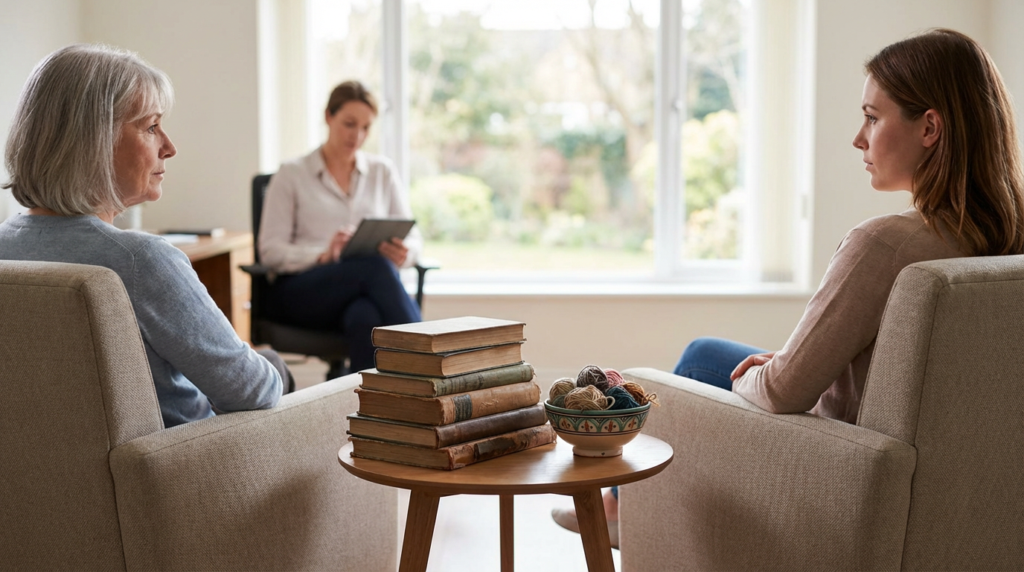 two women sit facing a therapist, engaged in mother relationship therapy.