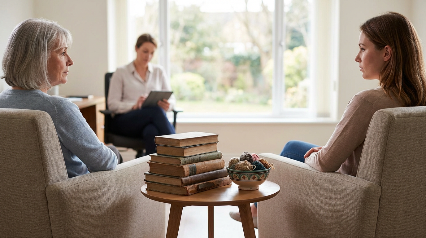 two women sit facing a therapist, engaged in mother relationship therapy.