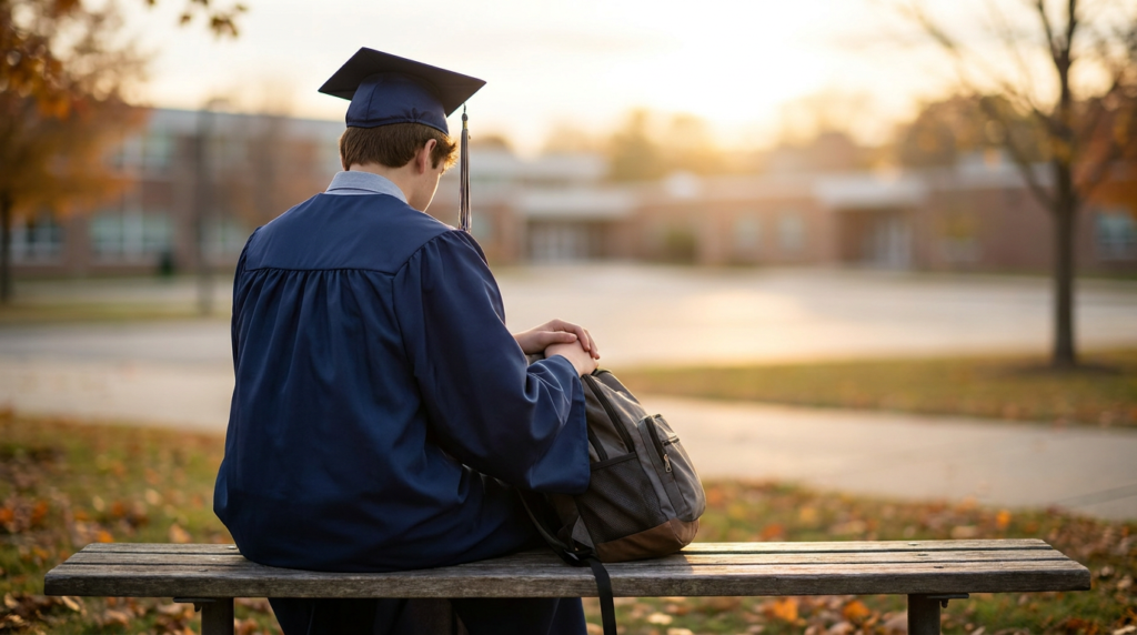 back of a graduating teen in cap and gown sitting on a bench, experiencing teen graduation anxiety.