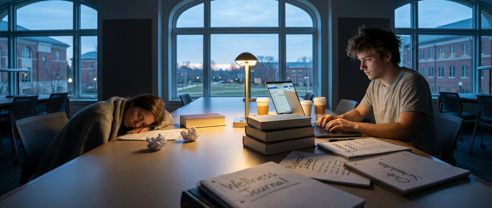 two tired college students studying late, one sleeping, highlights challenges for bipolar disorder college students.
