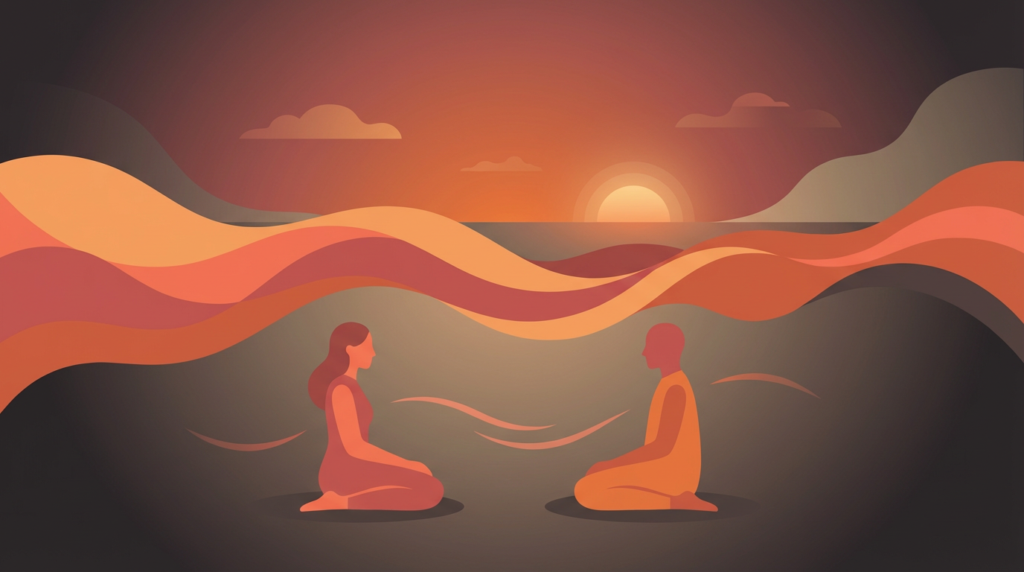 two figures meditating facing each other, symbolizing emotional flooding therapy at sunset.