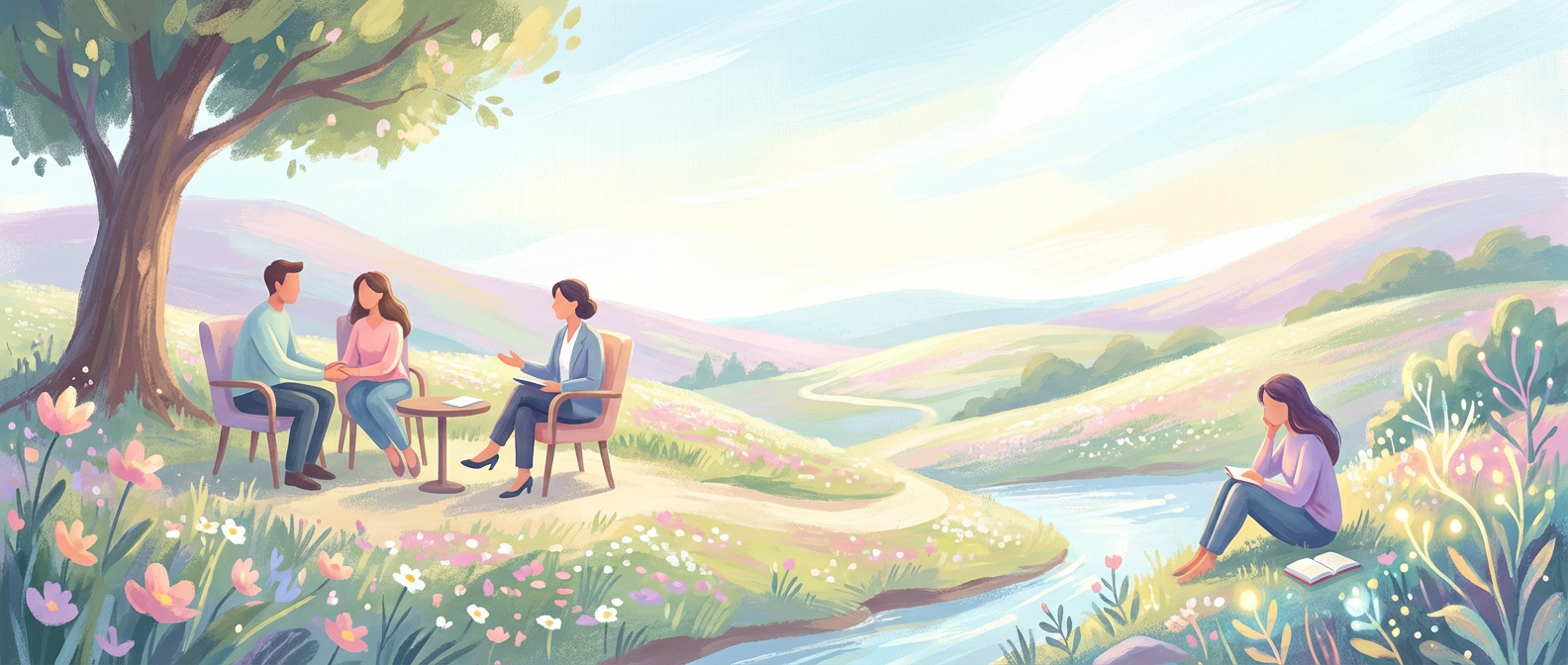 a couple and therapist in an outdoor setting, with a woman reading nearby for couples therapy individual healing.