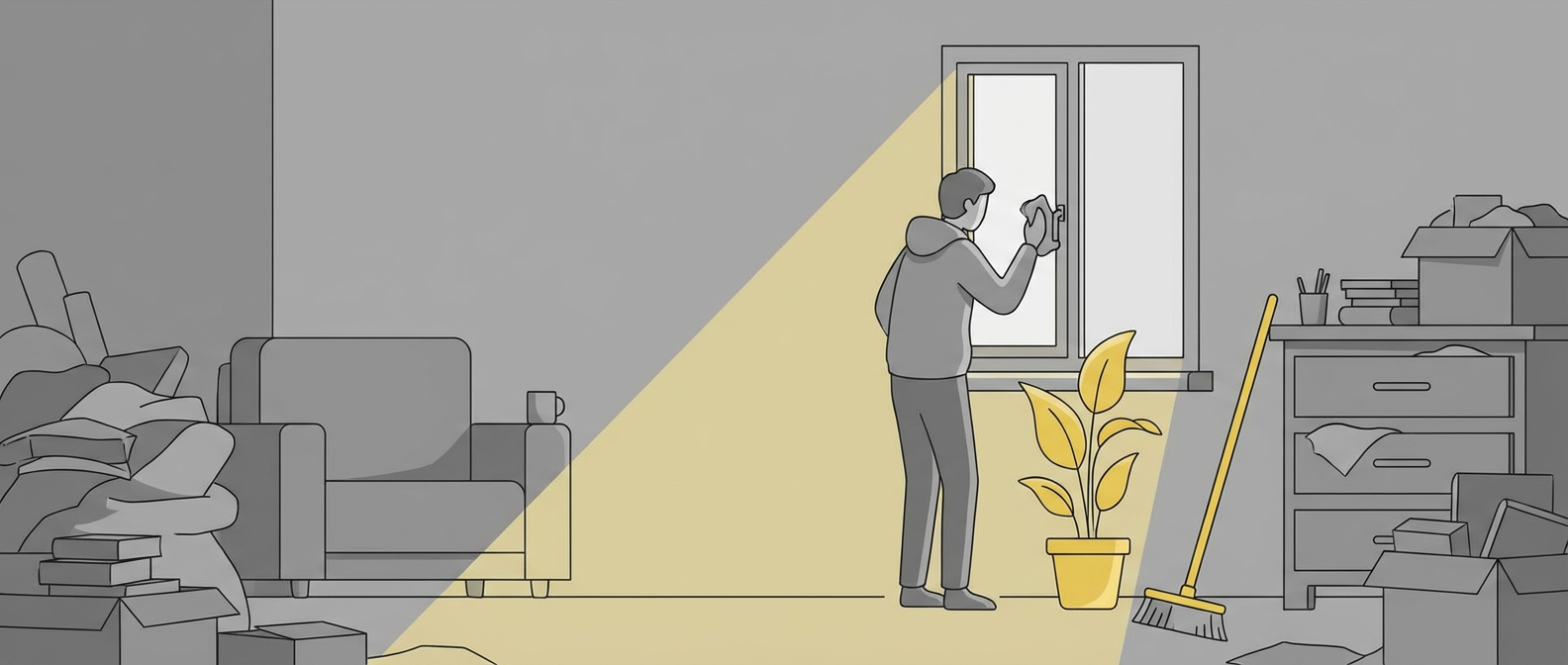 illustration of a person cleaning a window in a messy room, representing depression spring cleaning.