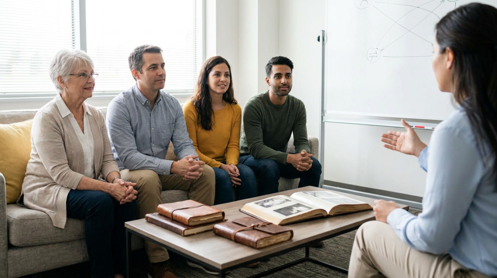 a diverse family group engaged in generational trauma therapy with a female therapist.