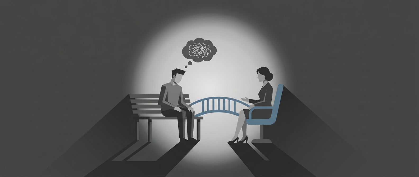 illustration of two figures using a small bridge, depicting complicated grief counseling.