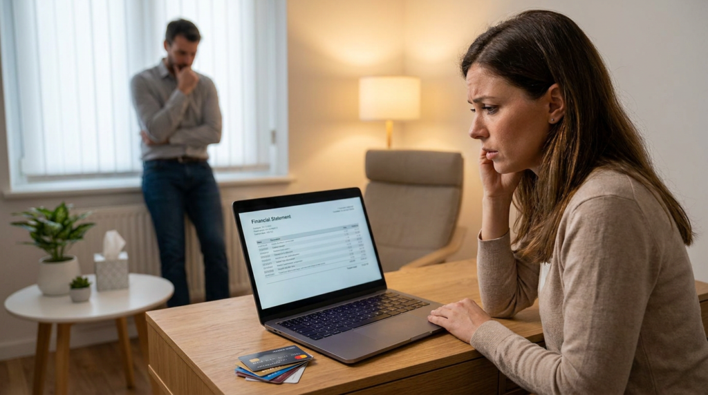 stressed woman at laptop with financial statement, man in background, needs financial infidelity counseling.