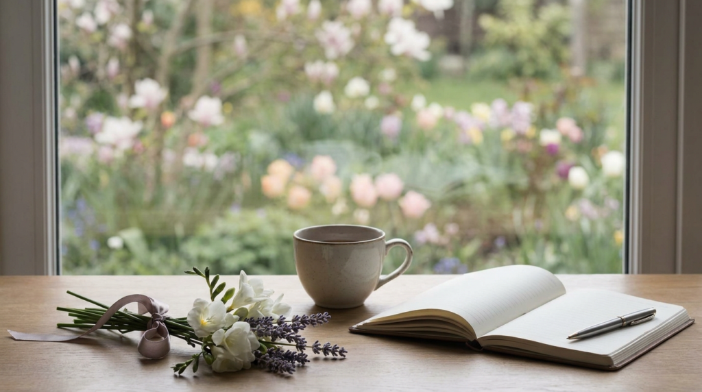 still life with white freesias, journal, and coffee cup by a window, ideal for mothers day grief counseling resources.