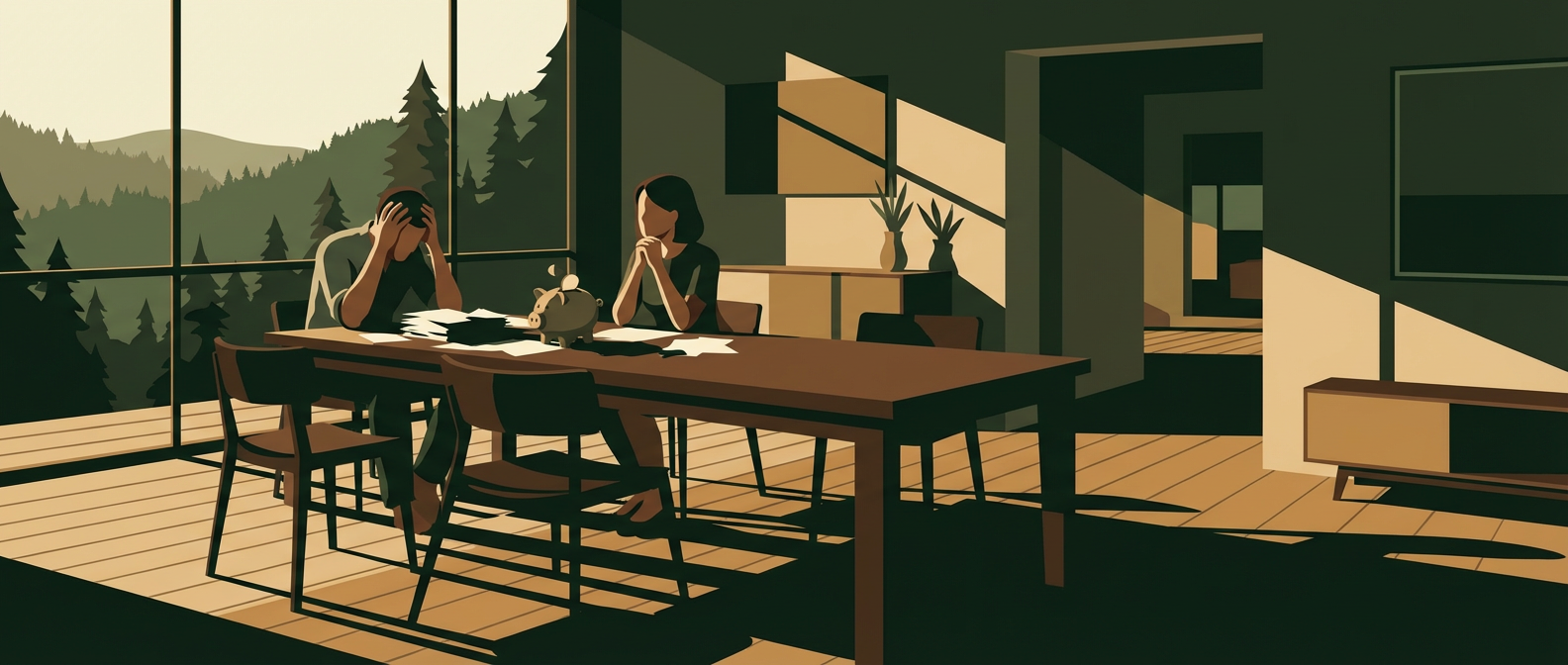 couple experiencing financial stress, sitting at a table with bills and a nearly empty piggy bank.