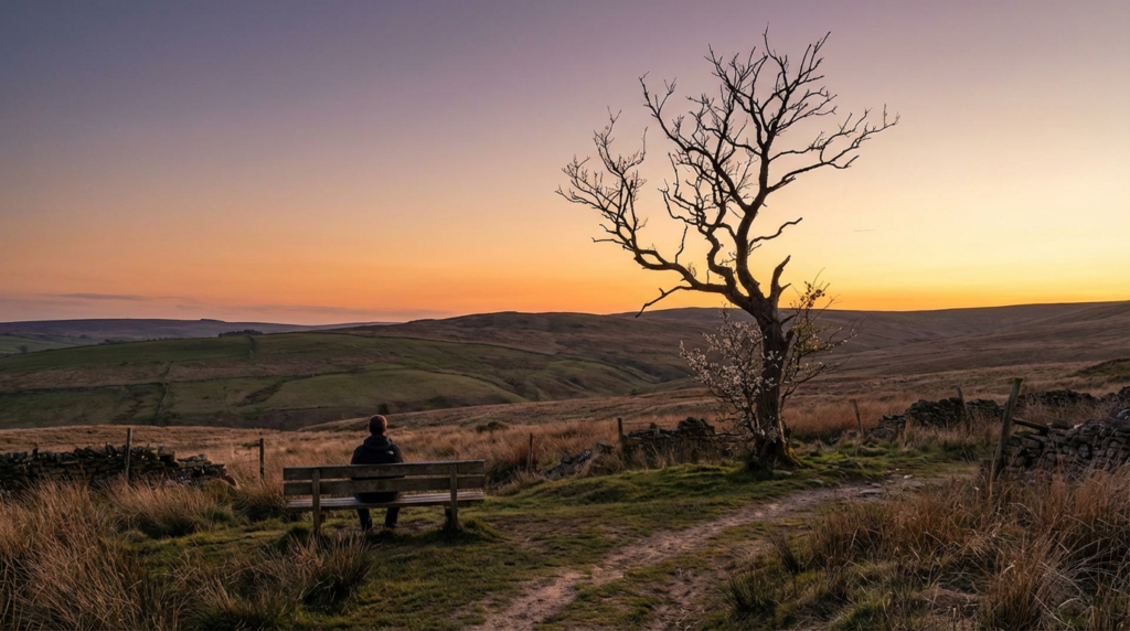 person on a bench watching sunset over hills, ideal for easter grief healing.