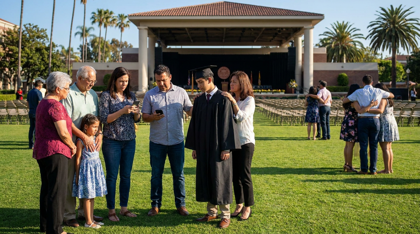 a graduate student with his family and other families on a lawn after a ceremony, showcasing graduation family dynamics.