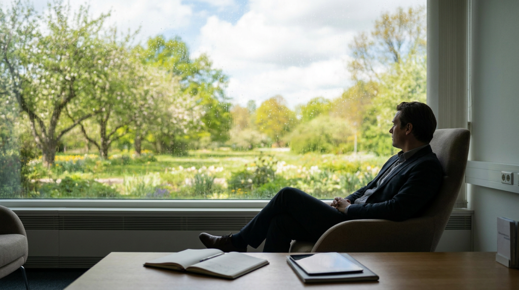 man gazing out a window at a spring garden during may weather depression.