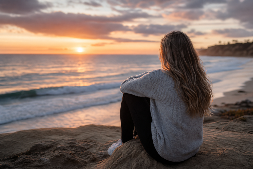 young woman with long hair watching a beach sunset, feeling end of summer anxiety.