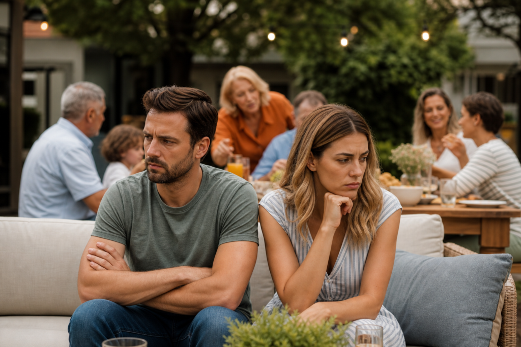 a solemn couple, man with crossed arms, woman with hand on chin, ignoring family at a garden party, navigating family pressure as a couple.
