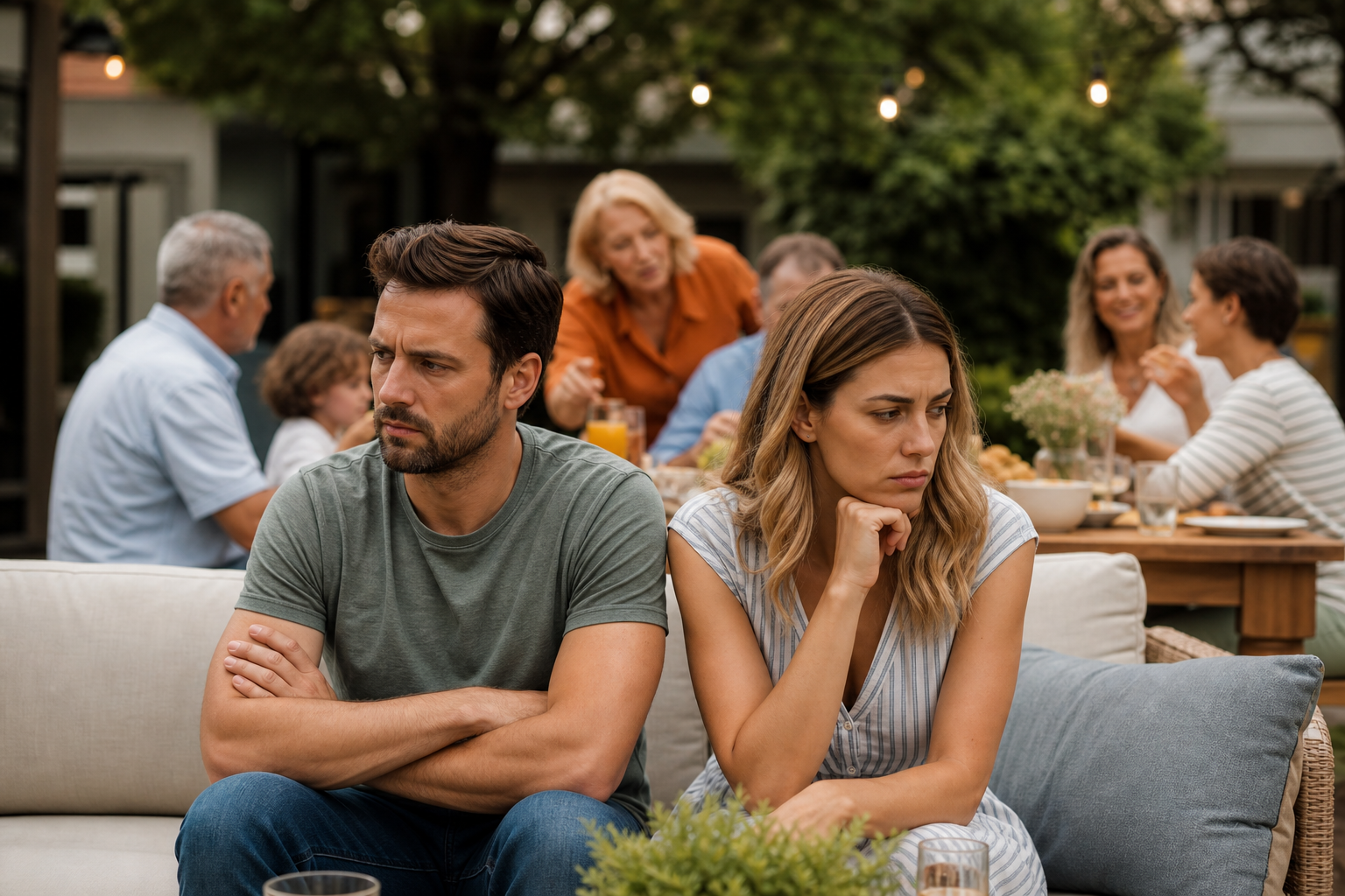 a solemn couple, man with crossed arms, woman with hand on chin, ignoring family at a garden party, navigating family pressure as a couple.