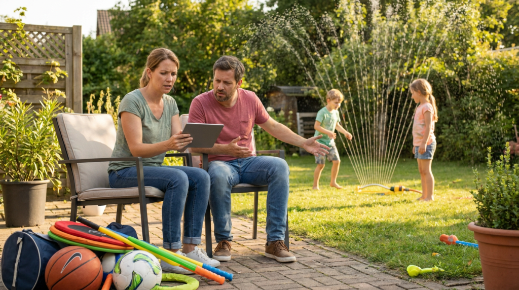 parents discussing couples parenting styles on a tablet while kids play in the sprinkler.