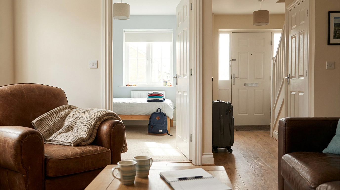 open domestic interior with suitcase, bedroom, and living area, suggesting transition or couples therapy custody issues.